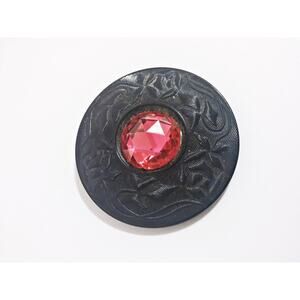 c1920s Large Czech Black Glass Brooch with Pink Paste Gem